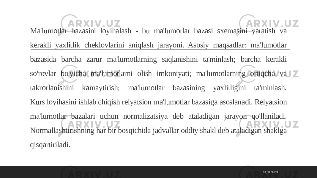 Ma&#39;lumotlar bazasini loyihalash - bu ma&#39;lumotlar bazasi sxemasini yaratish va kerakli yaxlitlik cheklovlarini aniqlash jarayoni. Asosiy maqsadlar: ma&#39;lumotlar bazasida barcha zarur ma&#39;lumotlarning saqlanishini ta&#39;minlash; barcha kerakli so&#39;rovlar bo&#39;yicha ma&#39;lumotlarni olish imkoniyati; ma&#39;lumotlarning ortiqcha va takrorlanishini kamaytirish; ma&#39;lumotlar bazasining yaxlitligini ta&#39;minlash. Kurs loyihasini ishlab chiqish relyatsion ma&#39;lumotlar bazasiga asoslanadi. Relyatsion ma&#39;lumotlar bazalari uchun normalizatsiya deb ataladigan jarayon qo&#39;llaniladi. Normallashtirishning har bir bosqichida jadvallar oddiy shakl deb ataladigan shaklga qisqartiriladi. 01/29/2024 