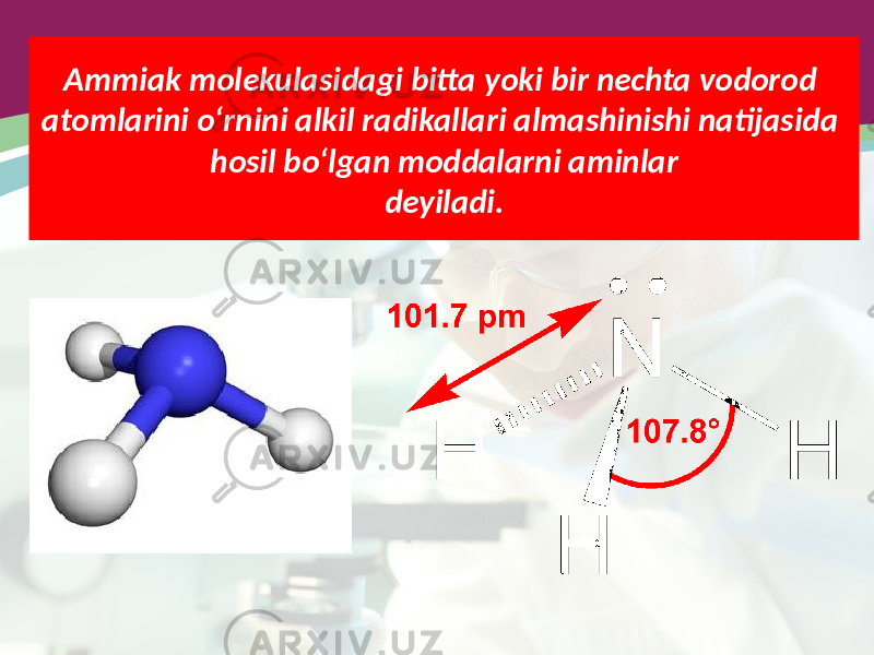 Ammiak molekulasidagi bitta yoki bir nechta vodorod atomlarini o‘rnini alkil radikallari almashinishi natijasida hosil bo‘lgan moddalarni aminlar deyiladi. 