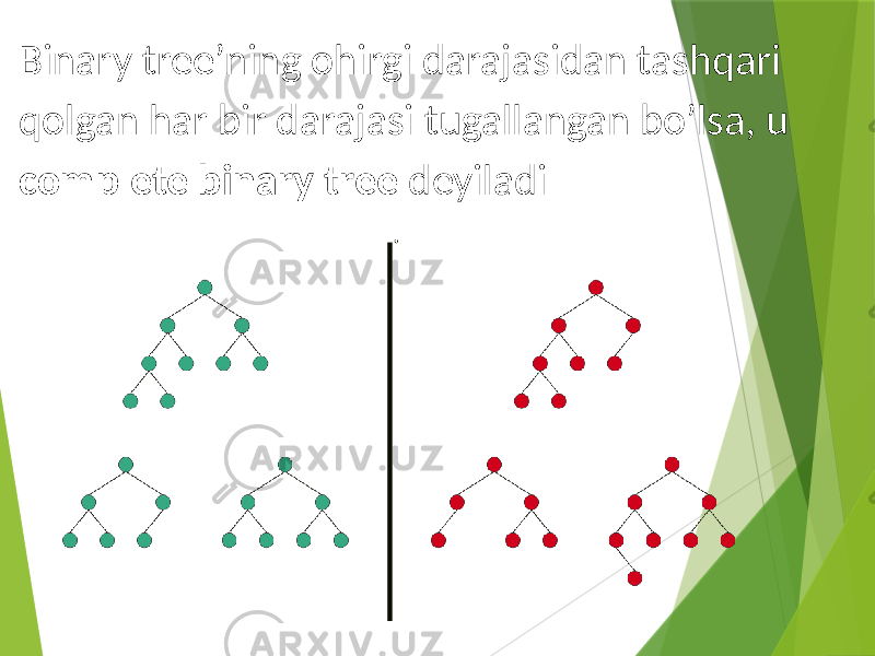 Binary tree’ning ohirgi darajasidan tashqari qolgan har bir darajasi tugallangan bo’lsa, u complete binary tree deyiladi . 