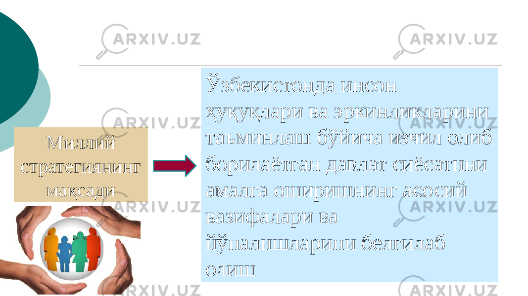 Ўзбекистонда инсон ҳуқуқлари ва эркинликларини таъминлаш бўйича изчил олиб борилаётган давлат сиёсатини амалга оширишнинг асосий вазифалари ва йўналишларини белгилаб олиш Миллий стратегиянинг мақсади 