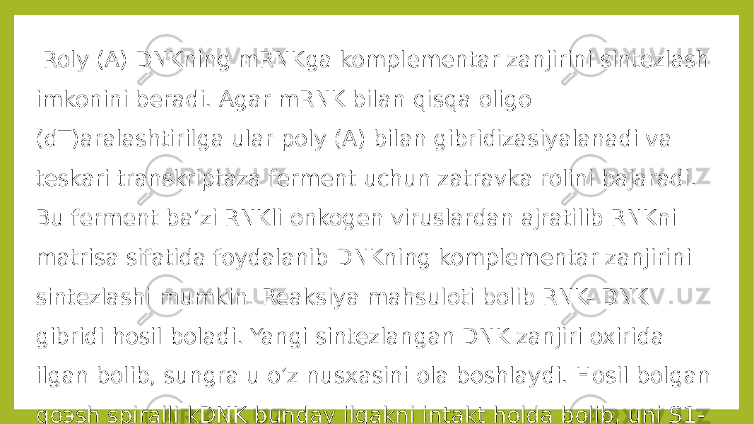  Roly (A) DNKning mRNKga komplementar zanjirini sintezlash imkonini beradi. Agar mRNK bilan qisqa oligo (dT)aralashtirilga ular poly (A) bilan gibridizasiyalanadi va teskari transkriptaza ferment uchun zatravka rolini bajaradi. Bu ferment ba’zi RNKli onkogen viruslardan ajratilib RNKni matrisa sifatida foydalanib DNKning komplementar zanjirini sintezlashi mumkin. Reaksiya mahsuloti bolib RNK- DNK gibridi hosil boladi. Yangi sintezlangan DNK zanjiri oxirida ilgan bolib, sungra u o’z nusxasini ola boshlaydi. Hosil bolgan qoэsh spiralli kDNK bunday ilgakni intakt holda bolib, uni S1- nukleaza parchalashi mumkin. 