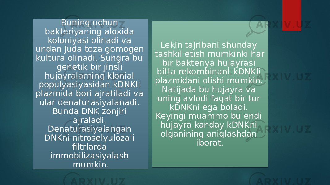 Lekin tajribani shunday tashkil etish mumkinki har bir bakteriya hujayrasi bitta rekombinant kDNKli plazmidani olishi mumkin. Natijada bu hujayra va uning avlodi faqat bir tur kDNKni ega boladi. Keyingi muammo bu endi hujayra kanday kDNKni olganining aniqlashdan iborat. Buning uchun bakteriyaning aloxida koloniyasi olinadi va undan juda toza gomogen kultura olinadi. Sungra bu genetik bir jinsli hujayralarning klonial populyasiyasidan kDNKli plazmida bori ajratiladi va ular denaturasiyalanadi. Bunda DNK zonjiri ajraladi. Denaturasiyalangan DNKni nitroselyulozali filtrlarda immobilizasiyalash mumkin. 40 08 13 13 11 02 17 102C02 03 19170B 0F 06 2D 13 10 17 10 1A 19 11 11 1714 2D 0C 2C09 2C02 3D14 06 1C171C1006 