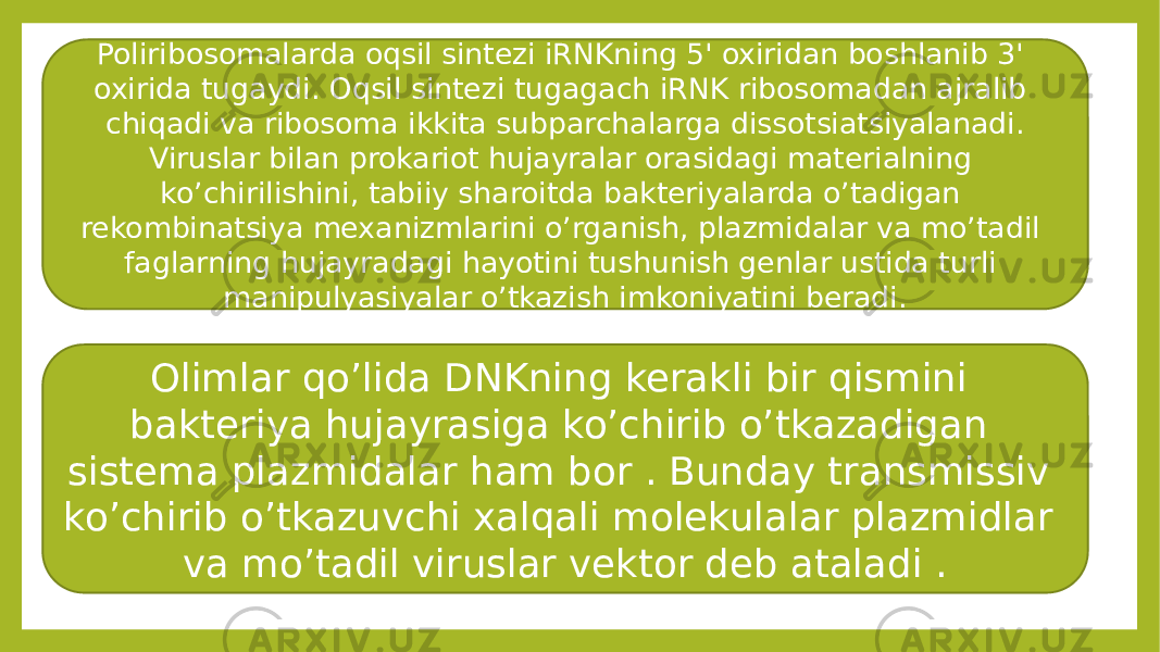 Poliribosomalarda oqsil sintezi iRNKning 5&#39; oxiridan boshlanib 3&#39; oxirida tugaydi. Oqsil sintezi tugagach iRNK ribosomadan ajralib chiqadi va ribosoma ikkita subparchalarga dissotsiatsiyalanadi. Viruslar bilan prokariot hujayralar orasidagi materialning ko’chirilishini, tabiiy sharoitda bakteriyalarda o’tadigan rekombinatsiya mexanizmlarini o’rganish, plazmidalar va mo’tadil faglarning hujayradagi hayotini tushunish genlar ustida turli manipulyasiyalar o’tkazish imkoniyatini beradi. Olimlar qo’lida DNKning kerakli bir qismini bakteriya hujayrasiga ko’chirib o’tkazadigan sistema plazmidalar ham bor . Bunday transmissiv ko’chirib o’tkazuvchi xalqali molekulalar plazmidlar va mo’tadil viruslar vektor deb ataladi . 