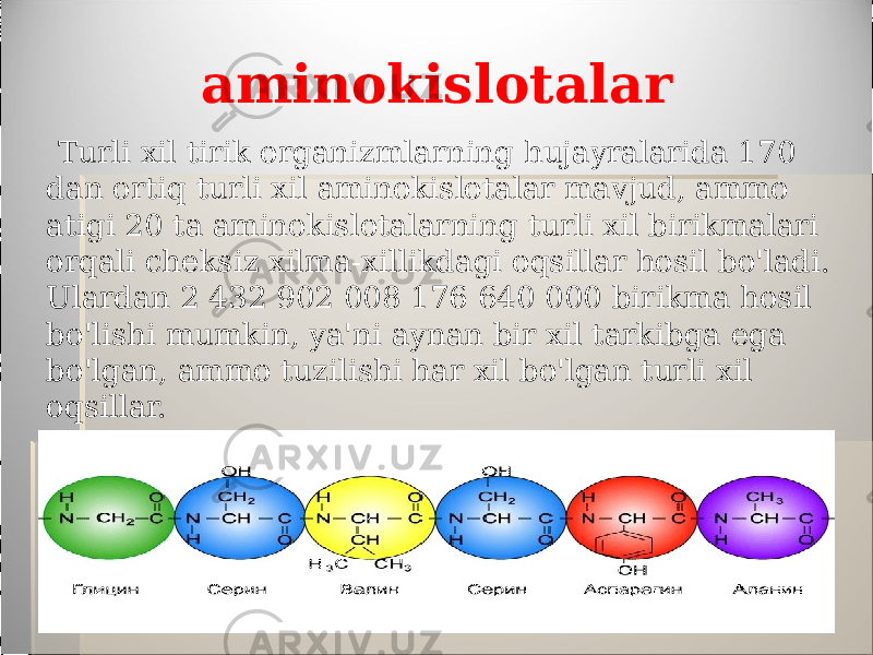 aminokislotalar Turli xil tirik organizmlarning hujayralarida 170 dan ortiq turli xil aminokislotalar mavjud, ammo atigi 20 ta aminokislotalarning turli xil birikmalari orqali cheksiz xilma-xillikdagi oqsillar hosil bo&#39;ladi. Ulardan 2 432 902 008 176 640 000 birikma hosil bo&#39;lishi mumkin, ya&#39;ni aynan bir xil tarkibga ega bo&#39;lgan, ammo tuzilishi har xil bo&#39;lgan turli xil oqsillar. 