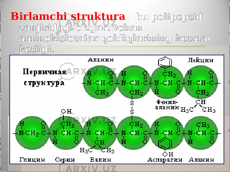 Birlamchi struktura - bu polipeptid zanjiridagi o&#39;zgaruvchan aminokislotalar qoldiqlarining ketma- ketligi. 