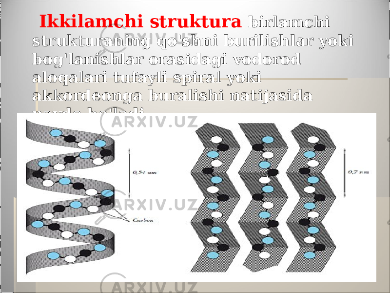  Ikkilamchi struktura birlamchi strukturaning qo&#39;shni burilishlar yoki bog&#39;lanishlar orasidagi vodorod aloqalari tufayli spiral yoki akkordeonga buralishi natijasida paydo bo&#39;ladi. 