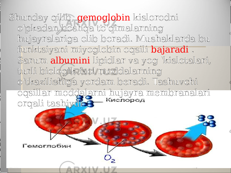 Shunday qilib, gemoglobin kislorodni o&#39;pkadan boshqa to&#39;qimalarning hujayralariga olib boradi. Mushaklarda bu funktsiyani miyoglobin oqsili bajaradi . Sarum albumini lipidlar va yog &#39;kislotalari, turli biologik faol moddalarning o&#39;tkazilishiga yordam beradi. Tashuvchi oqsillar moddalarni hujayra membranalari orqali tashiydi 