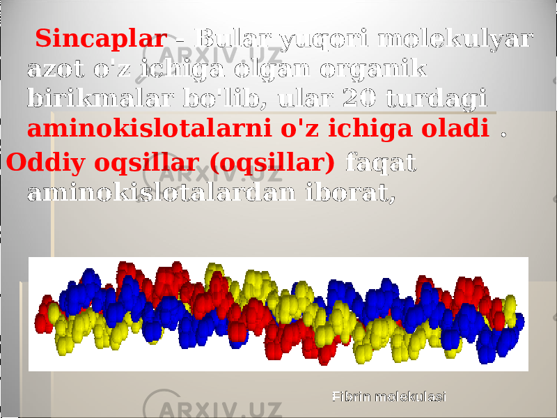  Sincaplar - Bular yuqori molekulyar azot o&#39;z ichiga olgan organik birikmalar bo&#39;lib, ular 20 turdagi aminokislotalarni o&#39;z ichiga oladi . Oddiy oqsillar (oqsillar) faqat aminokislotalardan iborat, Fibrin molekulasi 