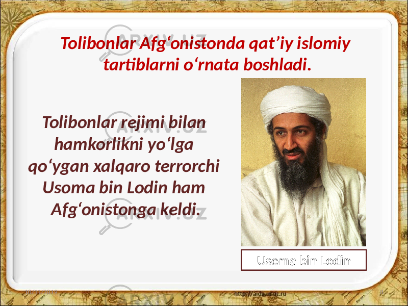 Tolibonlar Afg‘onistonda qat’iy islomiy tartiblarni o‘rnata boshladi. 10/11/2019 8Tolibonlar rejimi bilan hamkorlikni yo‘lga qo‘ygan xalqaro terrorchi Usoma bin Lodin ham Afg‘onistonga keldi. Usoma bin Lodin 