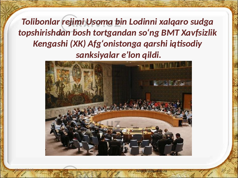 Tolibonlar rejimi Usoma bin Lodinni xalqaro sudga topshirishdan bosh tortgandan so‘ng BMT Xavfsizlik Kengashi (XK) Afg‘onistonga qarshi iqtisodiy sanksiyalar e’lon qildi. 10/11/2019 9 