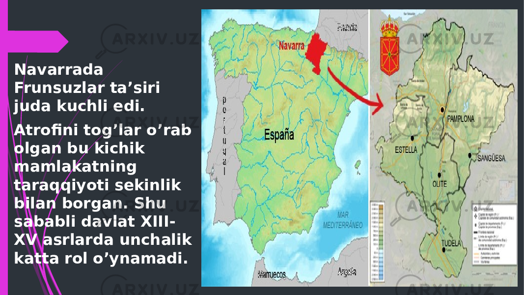 Navarrada Frunsuzlar ta’siri juda kuchli edi. Atrofini tog’lar o’rab olgan bu kichik mamlakatning taraqqiyoti sekinlik bilan borgan. Shu sababli davlat XIII- XV asrlarda unchalik katta rol o’ynamadi. 