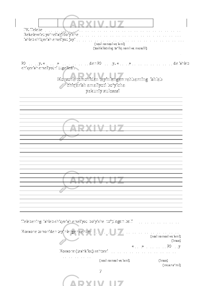  IV. Talaba ___________________________________________________________________ Bakalavriat yo’nalishi bo’yicha__________________________________________________ ishlab chiqarish amaliyot joyi_____________________________________________________ (nasl nomasi va ismi) (tashkilotning to’liq nomi va manzili) 20______ y. «______»_______________dan 20_____ y. «_____»____________________ da ishlab chiqarish amaliyotni tugalladi . Korxona tomonidan tayinlangan ra h barning ishlab chiqarish amaliyoti bo’yicha Talabaning ishlab chiqarish amaliyot bo’yicha to’plagan bali ____________________ Korxona tomonidan tayinlangan rahbar __________________________________________ (nasl nomasi va ismi) (imzo) «____» ___________20___ y Korxona (tashkilot) rahbari ________________________________ _______________ (nasl nomasi va ismi) (imzo) (muxr o’rni) 7 yakuniy xulosasi 