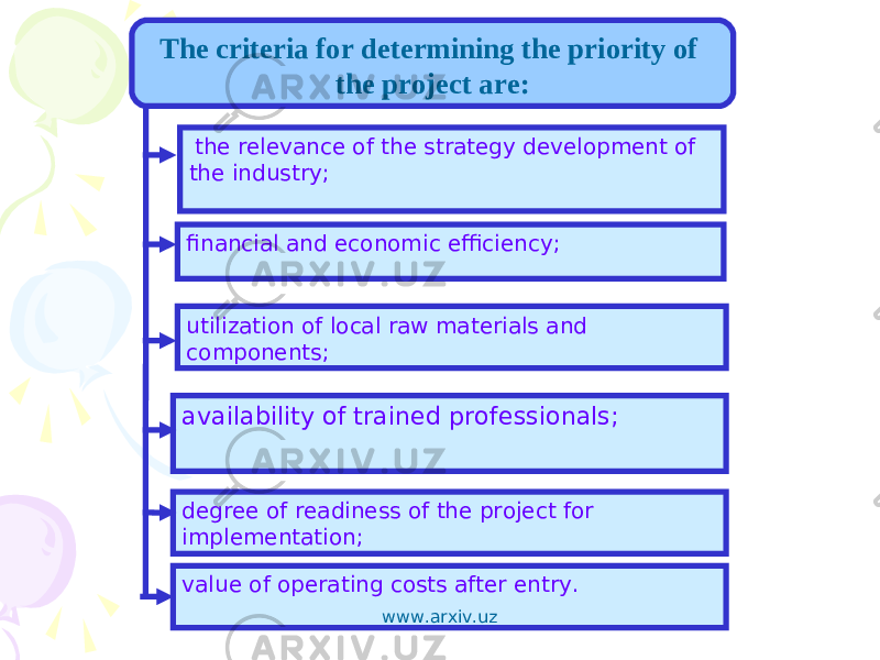 The criteria for determining the priority of the project are: financial and economic efficiency; utilization of local raw materials and components; availability of trained professionals; degree of readiness of the project for implementation; the relevance of the strategy development of the industry; value of operating costs after entry. www.arxiv.uz 