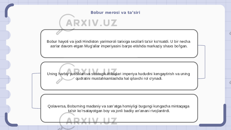 Bobur merosi va ta’siri Bobur hayoti va ijodi Hindiston yarimoroli tarixiga sezilarli ta’sir ko‘rsatdi. U bir necha asrlar davom etgan Mug&#39;allar imperiyasini barpo etishda markaziy shaxs bo&#39;lgan. Uning harbiy yurishlari va strategik ittifoqlari imperiya hududini kengaytirish va uning qudratini mustahkamlashda hal qiluvchi rol o‘ynadi. Qolaversa, Boburning madaniy va sanʼatga homiyligi bugungi kungacha mintaqaga taʼsir koʻrsatayotgan boy va jonli badiiy anʼanani rivojlantirdi. 