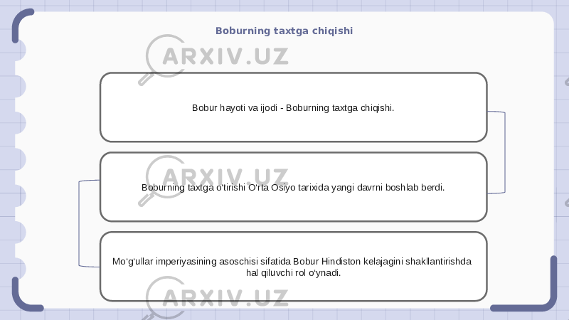 Boburning taxtga chiqishi Bobur hayoti va ijodi - Boburning taxtga chiqishi. Boburning taxtga o‘tirishi O‘rta Osiyo tarixida yangi davrni boshlab berdi. Mo‘g‘ullar imperiyasining asoschisi sifatida Bobur Hindiston kelajagini shakllantirishda hal qiluvchi rol o‘ynadi. 