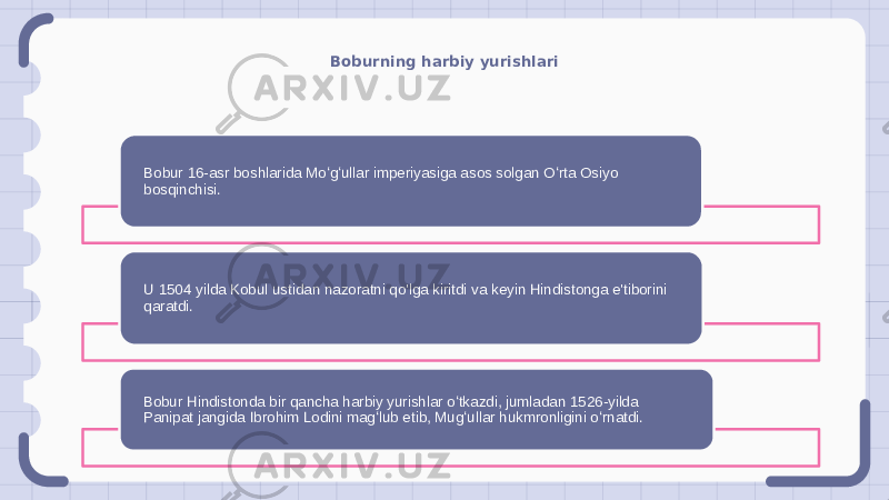 Boburning harbiy yurishlari Bobur 16-asr boshlarida Moʻgʻullar imperiyasiga asos solgan Oʻrta Osiyo bosqinchisi. U 1504 yilda Kobul ustidan nazoratni qo&#39;lga kiritdi va keyin Hindistonga e&#39;tiborini qaratdi. Bobur Hindistonda bir qancha harbiy yurishlar oʻtkazdi, jumladan 1526-yilda Panipat jangida Ibrohim Lodini magʻlub etib, Mugʻullar hukmronligini oʻrnatdi. 