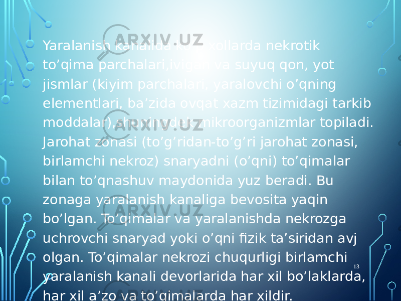 Yaralanish kanalida ko’p xollarda nekrotik to’qima parchalari,ivigan va suyuq qon, yot jismlar (kiyim parchalari, yaralovchi o’qning elementlari, ba’zida ovqat xazm tizimidagi tarkib moddalar),shuningdek mikroorganizmlar topiladi. Jarohat zonasi (to’g’ridan-to’g’ri jarohat zonasi, birlamchi nekroz) snaryadni (o’qni) to’qimalar bilan to’qnashuv maydonida yuz beradi. Bu zonaga yaralanish kanaliga bevosita yaqin bo’lgan. To’qimalar va yaralanishda nekrozga uchrovchi snaryad yoki o’qni fizik ta’siridan avj olgan. To’qimalar nekrozi chuqurligi birlamchi yaralanish kanali devorlarida har xil bo’laklarda, har xil a’zo va to’qimalarda har xildir. 13 