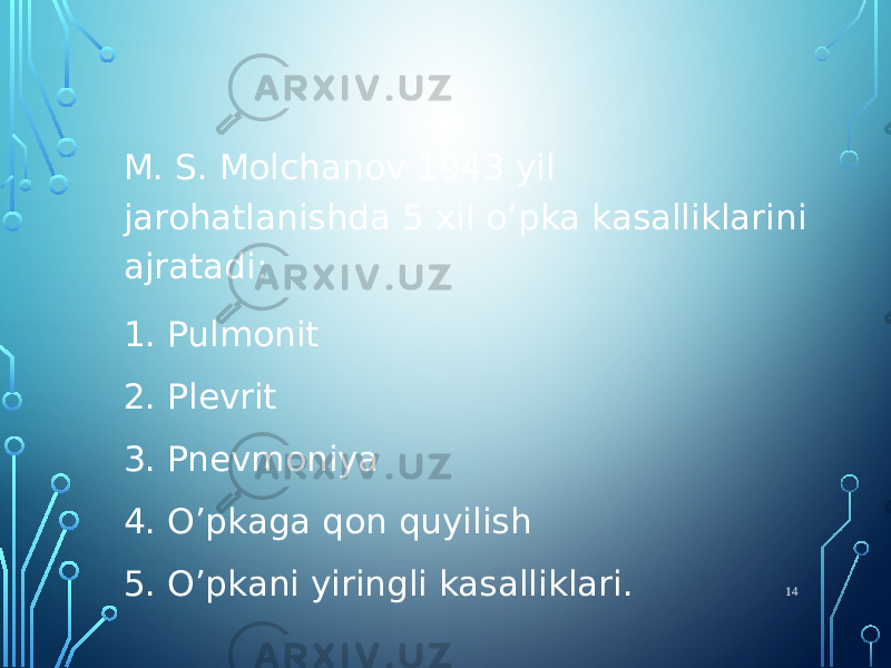 M. S. Molchanov 1943 yil jarohatlanishda 5 xil o’pka kasalliklarini ajratadi: 1. Pulmonit 2. Plevrit 3. Pnevmoniya 4. O’pkaga qon quyilish 5. O’pkani yiringli kasalliklari. 14 