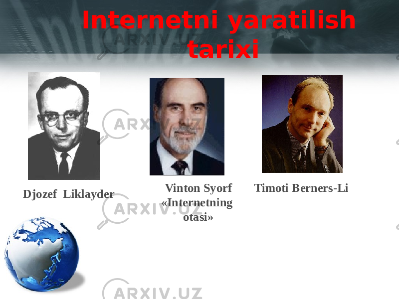 Internetni yaratilish tarixi Djozef Liklayder Vinton Syorf «Internetning otasi» Timoti Berners-Li 