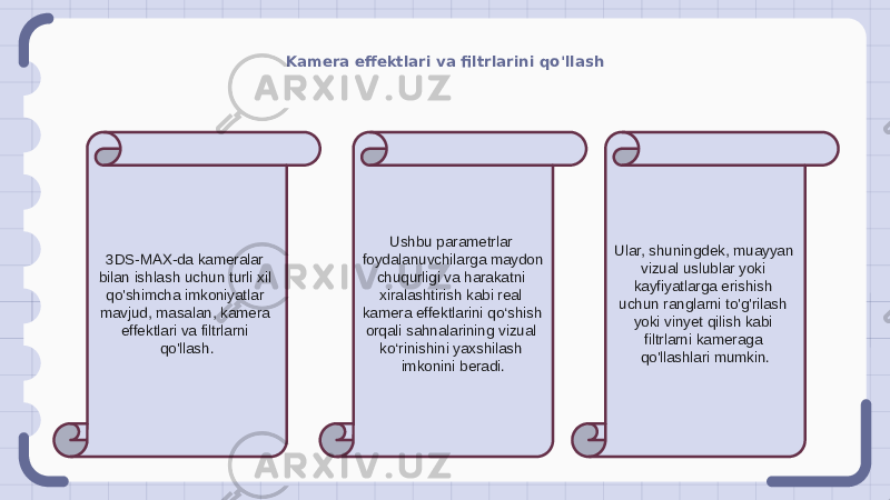 Kamera effektlari va filtrlarini qo&#39;llash 3DS-MAX-da kameralar bilan ishlash uchun turli xil qo&#39;shimcha imkoniyatlar mavjud, masalan, kamera effektlari va filtrlarni qo&#39;llash. Ushbu parametrlar foydalanuvchilarga maydon chuqurligi va harakatni xiralashtirish kabi real kamera effektlarini qo‘shish orqali sahnalarining vizual ko‘rinishini yaxshilash imkonini beradi. Ular, shuningdek, muayyan vizual uslublar yoki kayfiyatlarga erishish uchun ranglarni to&#39;g&#39;rilash yoki vinyet qilish kabi filtrlarni kameraga qo&#39;llashlari mumkin. 