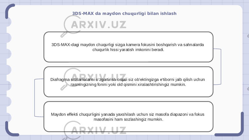 3DS-MAX da maydon chuqurligi bilan ishlash 3DS-MAX-dagi maydon chuqurligi sizga kamera fokusini boshqarish va sahnalarda chuqurlik hissi yaratish imkonini beradi. Diafragma sozlamalarini o&#39;zgartirish orqali siz ob&#39;ektingizga e&#39;tiborni jalb qilish uchun rasmingizning fonini yoki old qismini xiralashtirishingiz mumkin. Maydon effekti chuqurligini yanada yaxshilash uchun siz masofa diapazoni va fokus masofasini ham sozlashingiz mumkin. 