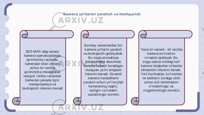 Kamera yo&#39;llarini yaratish va boshqarish 3DS-MAX-dagi asosiy kamera operatsiyalariga qo&#39;shimcha ravishda, kameralar bilan ishlash uchun bir nechta qo&#39;shimcha imkoniyatlar mavjud. Ushbu variantlar kamerani yanada ilg&#39;or manipulyatsiya va boshqarish imkonini beradi. Bunday variantlardan biri kamera yo&#39;llarini yaratish va boshqarish qobiliyatidir. Bu sizga animatsiya ketma-ketligi davomida kamera kuzatib boradigan muayyan yo&#39;lni aniqlash imkonini beradi. Dinamik kamera harakatlarini yaratish uchun yo&#39;l bo&#39;ylab kameraning vaqtini, tezligini va holatini sozlashingiz mumkin. Yana bir variant - bir nechta kamera ko&#39;rinishini o&#39;rnatish qobiliyati. Bu sizga sahna ichidagi turli kamera istiqbollari o&#39;rtasida almashish imkonini beradi. Turli burchaklar, ko‘rinishlar va kadrlarni suratga olish uchun turli kameralarni o‘rnatishingiz va o‘zgartirishingiz mumkin. 