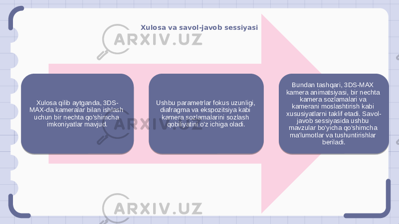 Xulosa va savol-javob sessiyasi Xulosa qilib aytganda, 3DS- MAX-da kameralar bilan ishlash uchun bir nechta qo&#39;shimcha imkoniyatlar mavjud. Ushbu parametrlar fokus uzunligi, diafragma va ekspozitsiya kabi kamera sozlamalarini sozlash qobiliyatini o&#39;z ichiga oladi. Bundan tashqari, 3DS-MAX kamera animatsiyasi, bir nechta kamera sozlamalari va kamerani moslashtirish kabi xususiyatlarni taklif etadi. Savol- javob sessiyasida ushbu mavzular bo&#39;yicha qo&#39;shimcha ma&#39;lumotlar va tushuntirishlar beriladi. 