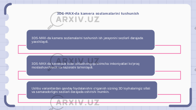 3DS-MAX-da kamera sozlamalarini tushunish 3DS-MAX-da kamera sozlamalarini tushunish ish jarayonini sezilarli darajada yaxshilaydi. 3DS-MAX-da kameralar bilan ishlashning qo&#39;shimcha imkoniyatlari ko&#39;proq moslashuvchanlik va nazoratni ta&#39;minlaydi. Ushbu variantlardan qanday foydalanishni o&#39;rganish sizning 3D loyihalaringiz sifati va samaradorligini sezilarli darajada oshirishi mumkin. 