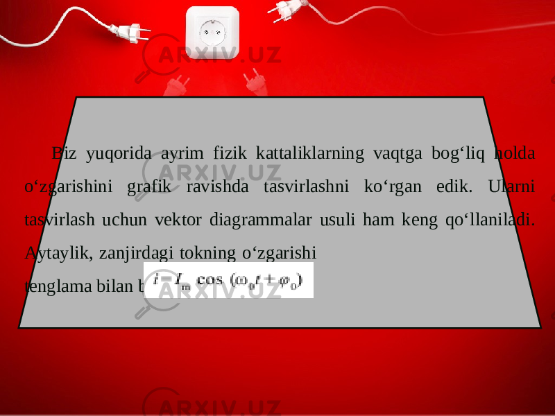 Biz yuqorida ayrim fizik kattaliklarning vaqtga bog‘liq holda o‘zgarishini grafik ravishda tasvirlashni ko‘rgan edik. Ularni tasvirlash uchun vektor diagrammalar usuli ham keng qo‘llaniladi. Aytaylik, zanjirdagi tokning o‘zgarishi tenglama bilan berilgan bo‘lsin. 