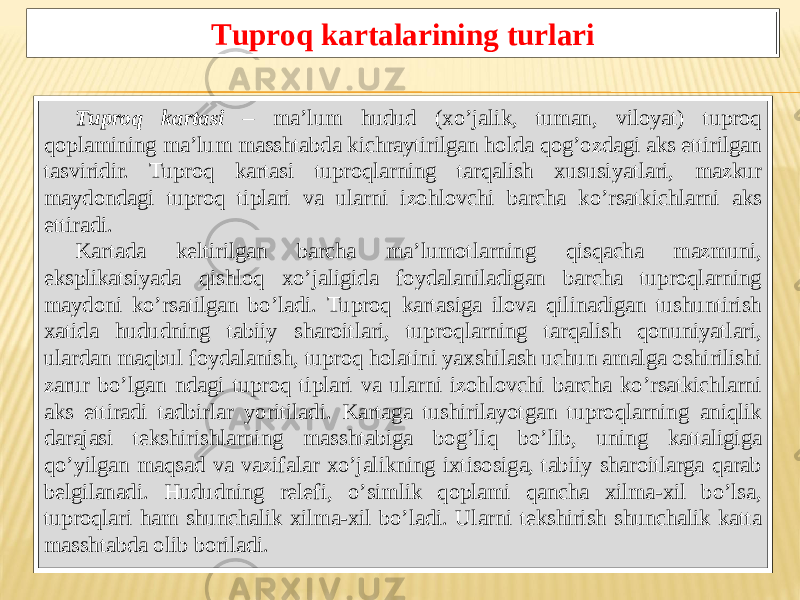 Tuproq kartasi – maʼlum hudud (xoʼjalik, tuman, viloyat) tuproq qoplamining maʼlum masshtabda kichraytirilgan holda qogʼozdagi aks ettirilgan tasviridir. Tuproq kartasi tuproqlarning tarqalish xususiyatlari, mazkur maydondagi tuproq tiplari va ularni izohlovchi barcha koʼrsatkichlarni aks ettiradi. Kartada keltirilgan barcha maʼlumotlarning qisqacha mazmuni, eksplikatsiyada qishloq xoʼjaligida foydalaniladigan barcha tuproqlarning maydoni koʼrsatilgan boʼladi. Tuproq kartasiga ilova qilinadigan tushuntirish xatida hududning tabiiy sharoitlari, tuproqlarning tarqalish qonuniyatlari, ulardan maqbul foydalanish, tuproq holatini yaxshilash uchun amalga oshirilishi zarur boʼlgan ndagi tuproq tiplari va ularni izohlovchi barcha koʼrsatkichlarni aks ettiradi tadbirlar yoritiladi. Kartaga tushirilayotgan tuproqlarning aniqlik darajasi tekshirishlarning masshtabiga bogʼliq boʼlib, uning kattaligiga qoʼyilgan maqsad va vazifalar xoʼjalikning ixtisosiga, tabiiy sharoitlarga qarab belgilanadi. Hududning relefi, oʼsimlik qoplami qancha xilma-xil boʼlsa, tuproqlari ham shunchalik xilma-xil boʼladi. Ularni tekshirish shunchalik katta masshtabda olib boriladi. Tuproq kartalarining turlari 