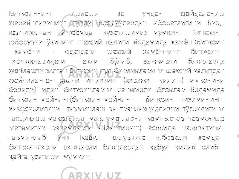 Биткоиннинг ишлаши ва ундан фойдаланиш жараёнларининг турли босқичлардан иборатлигини биз, келтирилган 2-расмда кузатишимиз мумкин. Биткоин юборувчи ўзининг шахсий калити ёрдамида хамён (биткоин хамёни - одатдаги шахсий хамённинг биткоин тармоқларидаги шакли бўлиб, занжирли блокларда жойлаштирилган биткоин пул бирликларини шахсий калитдан фойдаланган ҳолда ишлатиш (харажат қилиш) имконини беради) идан биткоинларни занжирли блоклар ёрдамида биткоин майнинг(биткоин майнинг - биткоин тизимининг хавфсизлигини таъминлаш ва транзакцияларни тўғрилигини тасдиқлаш мақсадида маълумотларни компьютер тармоғида математик рақамларга айлантириш) асосида назоратини таъминлаб уни Қабул қилувчига юборади ҳамда биткоинларни занжирли блоклардан қабул қилиб олиб қайта узатиши мумкин. 