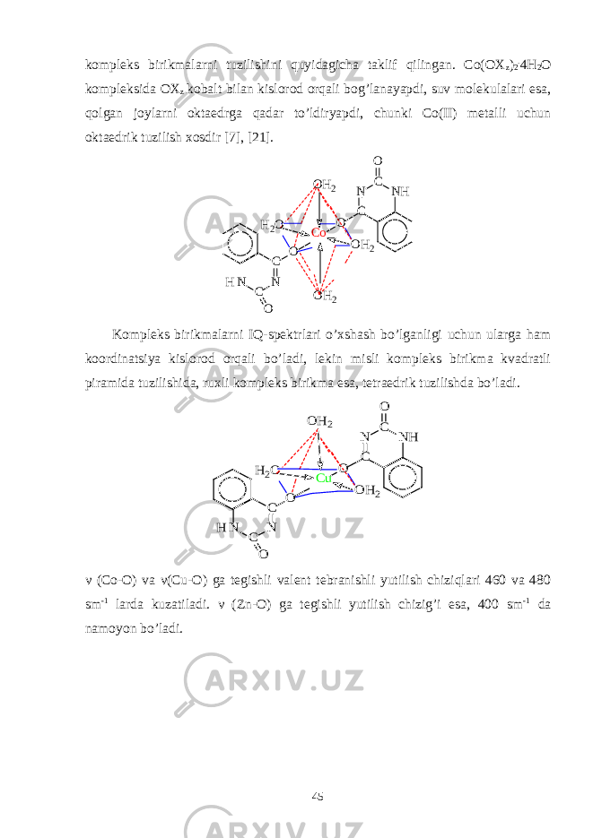 kompleks birikmalarni tuzilishini quyidagicha taklif qilingan. Co(OX z ) 2 . 4H 2 O kompleksida OX z kobalt bilan kislorod orqali bog’lanayapdi, suv molekulalari esa, qolgan joylarni oktaedrga qadar to’ldiryapdi, chunki Co(II) metalli uchun oktaedrik tuzilish xosdir [7], [21]. N C N C O O O H 2C o O H C N HC N O H 2 O O H 2 O H 2 Kompleks birikmalarni IQ-spektrlari o’xshash bo’lganligi uchun ularga ham koordinatsiya kislorod orqali bo’ladi, lekin misli kompleks birikma kvadratli piramida tuzilishida, ruxli kompleks birikma esa, tetraedrik tuzilishda bo’ladi.H C N H C N O H 2O O H 2 N C N C O O O H 2 Cu O ν (Co-O) va ν (Cu-O) ga tegishli valent tebranishli yutilish chiziqlari 460 va 480 sm -1 larda kuzatiladi. ν (Zn-O) ga tegishli yutilish chizig’i esa, 400 sm -1 da namoyon bo’ladi. 45 