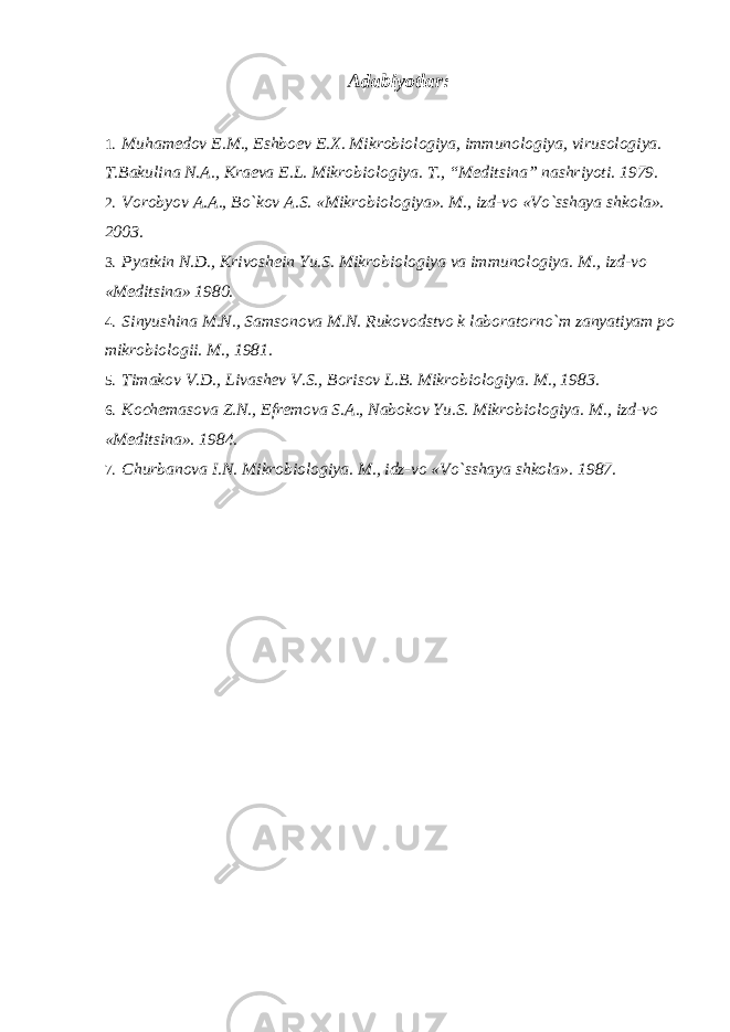 Adabiyotlar : 1. Muhamedov E.M., Eshboev E.X. Mikrobiologiya, immunologiya, virusologiya. T.Bakulina N.A., Kraeva E.L. Mikrobiologiya. T., “Meditsina” nashriyoti. 1979. 2. Vorobyov A.A., Bo`kov A.S. «Mikrobiologiya». M., izd-vo «Vo`sshaya shkola». 2003. 3. Pyatkin N.D., Krivoshein Yu.S. Mikrobiologiya va immunologiya. M., izd-vo «Meditsina» 1980. 4. Sinyushina M.N., Samsonova M.N. Rukovodstvo k laboratorno`m zanyatiyam po mikrobiologii. M., 1981. 5. Timakov V.D., Livashev V.S., Borisov L.B. Mikrobiologiya. M., 1983. 6. Kochemasova Z.N., Efremova S.A., Nabokov Yu.S. Mikrobiologiya. M., izd-vo «Meditsina». 1984. 7. Churbanova I.N. Mikrobiologiya. M., idz-vo «Vo`sshaya shkola». 1987. 