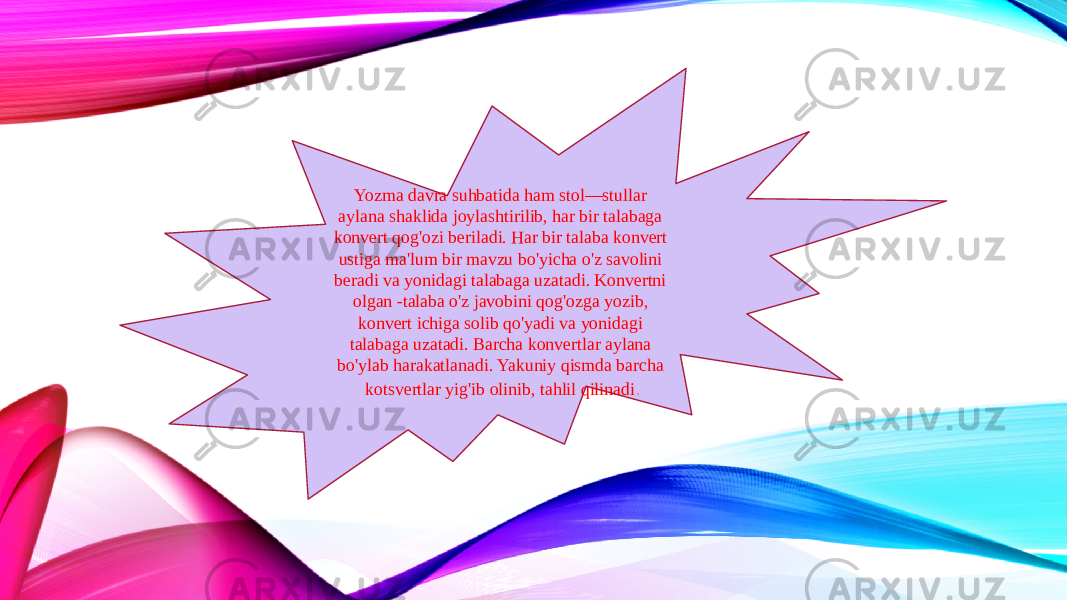 Yozma davra suhbatida ham stol—stullar aylana shaklida joylashtirilib, har bir talabaga konvert qog&#39;ozi beriladi. Har bir talaba konvert ustiga ma&#39;lum bir mavzu bo&#39;yicha o&#39;z savolini beradi va yonidagi talabaga uzatadi. Konvertni olgan -talaba o&#39;z javobini qog&#39;ozga yozib, konvert ichiga solib qo&#39;yadi va yonidagi talabaga uzatadi. Barcha konvertlar aylana bo&#39;ylab harakatlanadi. Yakuniy qismda barcha kotsvertlar yig&#39;ib olinib, tahlil qilinadi . 