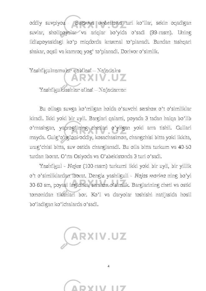 oddiy suvpiyoz – Butomus umbellatus turi ko’llar, sekin oqadigan suvlar, sholipoyalar va ariqlar bo’yida o’sadi (99-rasm). Uning ildizpoyasidagi ko’p miqdorda kraxmal to’planadi. Bundan tashqari shakar, oqsil va kamroq yog’ to’planadi. Dorivor o’simlik. Yashilgulnamolar qabilasi – Najadales Yashilguldoshlar oilasi – Najadaceae Bu oilaga suvga ko’milgan holda o’suvchi sershox o’t o’simliklar kiradi. Ikki yoki bir uyli. Barglari qalami, poyada 3 tadan halqa bo’lib o’rnashgan, yaprog’ining chetlari o’yilgan yoki arra tishli. Gullari mayda. Gulg’o’rg’oni oddiy, kosachasimon, changchisi bitta yoki ikkita, urug’chisi bitta, suv ostida changlanadi. Bu oila bitta turkum va 40-50 turdan iborat. O’rta Osiyoda va O’zbekistonda 3 turi o’sadi. Yashilgul - Najas (100-rasm) turkumi ikki yoki bir uyli, bir yillik o’t o’simliklardan iborat. Dengiz yashilguli - Najas marina ning bo’yi 30-60 sm, poyasi ingichka, sershox o’simlik. Barglarining cheti va ostki tomonidan tikanlari bor. Ko’l va daryolar toshishi natijasida hosil bo’ladigan ko’lchalarda o’sadi. 4 