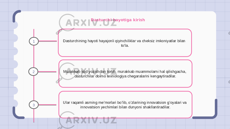 Dasturchi hayotiga kirish Dasturchining hayoti hayajonli qiyinchiliklar va cheksiz imkoniyatlar bilan to&#39;la. Murakkab kod yozishdan tortib, murakkab muammolarni hal qilishgacha, dasturchilar doimo texnologiya chegaralarini kengaytiradilar. Ular raqamli asrning meʼmorlari boʻlib, oʻzlarining innovatsion gʻoyalari va innovatsion yechimlari bilan dunyoni shakllantiradilar.1 2 3 