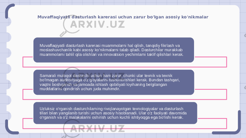 Muvaffaqiyatli dasturlash karerasi uchun zarur bo&#39;lgan asosiy ko&#39;nikmalar Muvaffaqiyatli dasturlash karerasi muammolarni hal qilish, tanqidiy fikrlash va moslashuvchanlik kabi asosiy ko&#39;nikmalarni talab qiladi. Dasturchilar murakkab muammolarni tahlil qila olishlari va innovatsion yechimlarni taklif qilishlari kerak. Samarali muloqot dasturchi uchun ham zarur, chunki ular texnik va texnik bo&#39;lmagan auditoriyaga o&#39;z g&#39;oyalarini tushuntirishlari kerak. Bundan tashqari, vaqtni boshqarish va jamoada ishlash qobiliyati loyihaning belgilangan muddatlarini qondirish uchun juda muhimdir. Uzluksiz o&#39;rganish dasturchilarning rivojlanayotgan texnologiyalar va dasturlash tillari bilan yangilanib turishi uchun asosiy hisoblanadi. Ular o&#39;z faoliyati davomida o&#39;rganish va o&#39;z malakalarini oshirish uchun kuchli ishtiyoqga ega bo&#39;lishi kerak. 