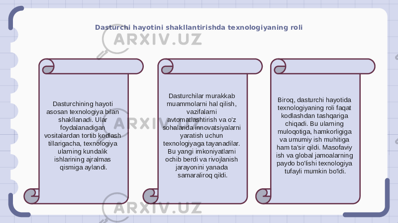 Dasturchi hayotini shakllantirishda texnologiyaning roli Dasturchining hayoti asosan texnologiya bilan shakllanadi. Ular foydalanadigan vositalardan tortib kodlash tillarigacha, texnologiya ularning kundalik ishlarining ajralmas qismiga aylandi. Dasturchilar murakkab muammolarni hal qilish, vazifalarni avtomatlashtirish va o&#39;z sohalarida innovatsiyalarni yaratish uchun texnologiyaga tayanadilar. Bu yangi imkoniyatlarni ochib berdi va rivojlanish jarayonini yanada samaraliroq qildi. Biroq, dasturchi hayotida texnologiyaning roli faqat kodlashdan tashqariga chiqadi. Bu ularning muloqotiga, hamkorligiga va umumiy ish muhitiga ham ta&#39;sir qildi. Masofaviy ish va global jamoalarning paydo bo&#39;lishi texnologiya tufayli mumkin bo&#39;ldi. 