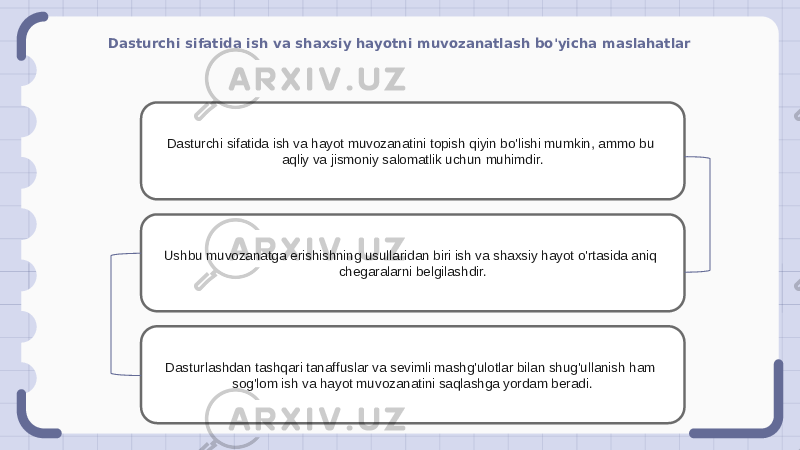 Dasturchi sifatida ish va shaxsiy hayotni muvozanatlash bo&#39;yicha maslahatlar Dasturchi sifatida ish va hayot muvozanatini topish qiyin bo&#39;lishi mumkin, ammo bu aqliy va jismoniy salomatlik uchun muhimdir. Ushbu muvozanatga erishishning usullaridan biri ish va shaxsiy hayot o&#39;rtasida aniq chegaralarni belgilashdir. Dasturlashdan tashqari tanaffuslar va sevimli mashg&#39;ulotlar bilan shug&#39;ullanish ham sog&#39;lom ish va hayot muvozanatini saqlashga yordam beradi. 