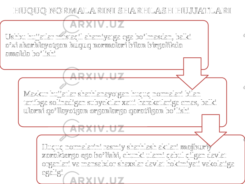 HUQUQ NORMALARINI SHARHLASH HUJJATLARI Ushbu hujjatlar mustaqil ahamiyatga ega bo’lmasdan, balki o’zi sharhlayotgan huquq normalari bilan birgalikda amalda bo’lishi Mazkur hujjatlar sharhlanayotgan huquq normalari bilan tartibga solinadigan subyektlar xatti-harakatlariga emas, balki ularni qo’llayotgan organlarga qaratilgan bo’lishi Huquq normalarini rasmiy sharhlash aktlari majburiy xarakterga ega bo’lishi , chunki ularni qabul qilgan davlat organlari va mansabdor shaxslar davlat hokimiyati vakolatiga egaligi 