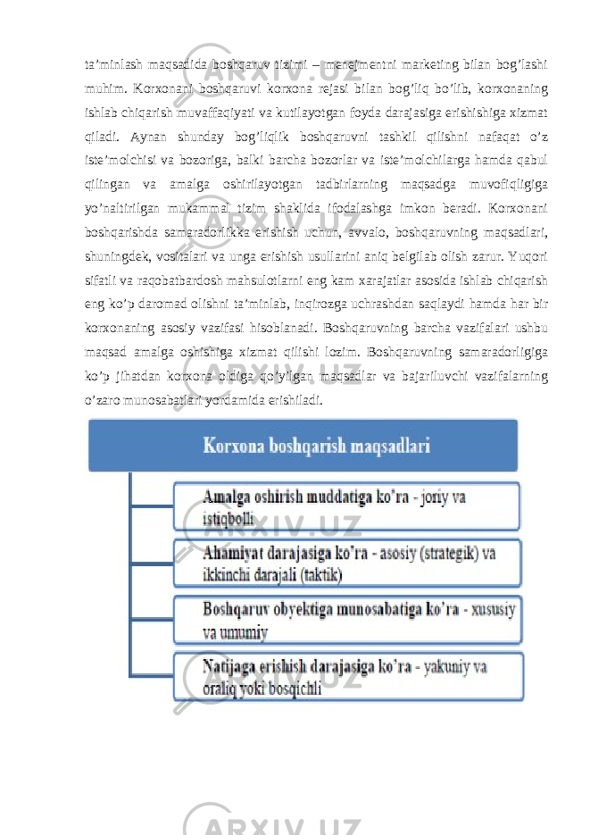 ta’minlash maqsadida boshqaruv tizimi – menejmentni marketing bilan bog’lashi muhim. Korxonani boshqaruvi korxona rejasi bilan bog’liq bo’lib, korxonaning ishlab chiqarish muvaffaqiyati va kutilayotgan foyda darajasiga erishishiga xizmat qiladi. Aynan shunday bog’liqlik boshqaruvni tashkil qilishni nafaqat o’z iste’molchisi va bozoriga, balki barcha bozorlar va iste’molchilarga hamda qabul qilingan va amalga oshirilayotgan tadbirlarning maqsadga muvofiqligiga yo’naltirilgan mukammal tizim shaklida ifodalashga imkon beradi. Korxonani boshqarishda samaradorlikka erishish uchun, avvalo, boshqaruvning maqsadlari, shuningdek, vositalari va unga erishish usullarini aniq belgilab olish zarur. Yuqori sifatli va raqobatbardosh mahsulotlarni eng kam xarajatlar asosida ishlab chiqarish eng ko’p daromad olishni ta’minlab, inqirozga uchrashdan saqlaydi hamda har bir korxonaning asosiy vazifasi hisoblanadi. Boshqaruvning barcha vazifalari ushbu maqsad amalga oshishiga xizmat qilishi lozim. Boshqaruvning samaradorligiga ko’p jihatdan korxona oldiga qo’yilgan maqsadlar va bajariluvchi vazifalarning o’zaro munosabatlari yordamida erishiladi. 