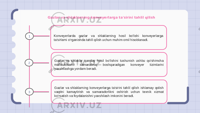 Gazlar va shlaklarning konveyerlarga ta&#39;sirini tahlil qilish Konveyerlarda gazlar va shlaklarning hosil bo&#39;lishi konveyerlarga ta&#39;sirlarni o&#39;rganishda tahlil qilish uchun muhim omil hisoblanadi. Gazlar va shlaklar qanday hosil bo&#39;lishini tushunish ushbu qo&#39;shimcha mahsulotlarni samaraliroq boshqaradigan konveyer tizimlarini yaxshilashga yordam beradi. Gazlar va shlaklarning konveyerlarga ta&#39;sirini tahlil qilish ishlamay qolish vaqtini kamaytirish va samaradorlikni oshirish uchun texnik xizmat ko&#39;rsatish va foydalanishni yaxshilash imkonini beradi.1 2 3 