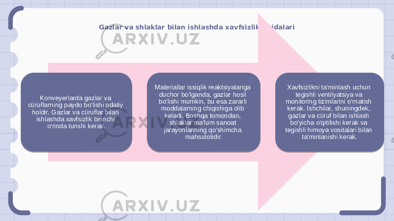 Gazlar va shlaklar bilan ishlashda xavfsizlik qoidalari Konveyerlarda gazlar va cüruflarning paydo bo&#39;lishi odatiy holdir. Gazlar va cüruflar bilan ishlashda xavfsizlik birinchi o&#39;rinda turishi kerak. Materiallar issiqlik reaktsiyalariga duchor bo&#39;lganda, gazlar hosil bo&#39;lishi mumkin, bu esa zararli moddalarning chiqishiga olib keladi. Boshqa tomondan, shlaklar ma&#39;lum sanoat jarayonlarining qo&#39;shimcha mahsulotidir. Xavfsizlikni ta&#39;minlash uchun tegishli ventilyatsiya va monitoring tizimlarini o&#39;rnatish kerak. Ishchilar, shuningdek, gazlar va cüruf bilan ishlash bo&#39;yicha o&#39;qitilishi kerak va tegishli himoya vositalari bilan ta&#39;minlanishi kerak. 