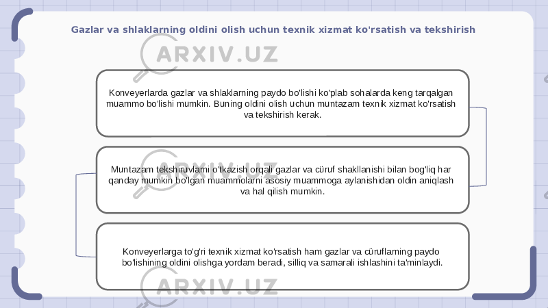 Gazlar va shlaklarning oldini olish uchun texnik xizmat ko&#39;rsatish va tekshirish Konveyerlarda gazlar va shlaklarning paydo bo&#39;lishi ko&#39;plab sohalarda keng tarqalgan muammo bo&#39;lishi mumkin. Buning oldini olish uchun muntazam texnik xizmat ko&#39;rsatish va tekshirish kerak. Muntazam tekshiruvlarni o&#39;tkazish orqali gazlar va cüruf shakllanishi bilan bog&#39;liq har qanday mumkin bo&#39;lgan muammolarni asosiy muammoga aylanishidan oldin aniqlash va hal qilish mumkin. Konveyerlarga to&#39;g&#39;ri texnik xizmat ko&#39;rsatish ham gazlar va cüruflarning paydo bo&#39;lishining oldini olishga yordam beradi, silliq va samarali ishlashini ta&#39;minlaydi. 