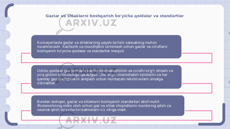 Gazlar va shlaklarni boshqarish bo&#39;yicha qoidalar va standartlar Konveyerlarda gazlar va shlaklarning paydo bo&#39;lishi sanoatning muhim muammosidir. Xavfsizlik va muvofiqlikni ta&#39;minlash uchun gazlar va cüruflarni boshqarish bo&#39;yicha qoidalar va standartlar mavjud. Ushbu qoidalar gaz portlashi xavfini minimallashtirish va cürufni to&#39;g&#39;ri ishlash va yo&#39;q qilishni ta&#39;minlashga qaratilgan. Ular to&#39;g&#39;ri shamollatish tizimlarini va har qanday gaz qochqinlarini aniqlash uchun muntazam tekshiruvlarni amalga oshiradilar. Bundan tashqari, gazlar va shlaklarni boshqarish standartlari atrof-muhit ifloslanishining oldini olish uchun gaz va shlak chiqindilarini monitoring qilish va nazorat qilish bo&#39;yicha ko&#39;rsatmalarni o&#39;z ichiga oladi. 