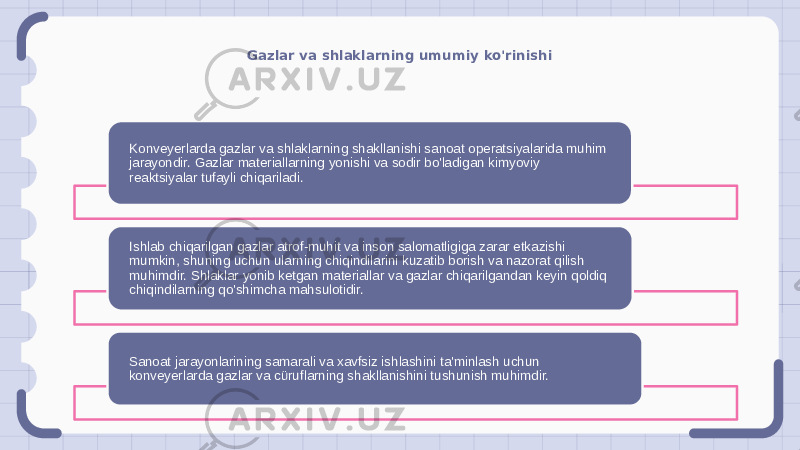 Gazlar va shlaklarning umumiy ko&#39;rinishi Konveyerlarda gazlar va shlaklarning shakllanishi sanoat operatsiyalarida muhim jarayondir. Gazlar materiallarning yonishi va sodir bo&#39;ladigan kimyoviy reaktsiyalar tufayli chiqariladi. Ishlab chiqarilgan gazlar atrof-muhit va inson salomatligiga zarar etkazishi mumkin, shuning uchun ularning chiqindilarini kuzatib borish va nazorat qilish muhimdir. Shlaklar yonib ketgan materiallar va gazlar chiqarilgandan keyin qoldiq chiqindilarning qo&#39;shimcha mahsulotidir. Sanoat jarayonlarining samarali va xavfsiz ishlashini ta&#39;minlash uchun konveyerlarda gazlar va cüruflarning shakllanishini tushunish muhimdir. 