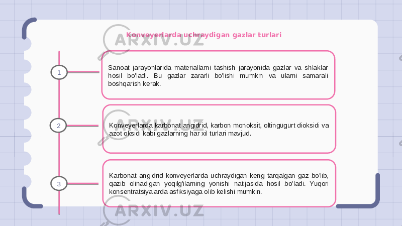 Konveyerlarda uchraydigan gazlar turlari Sanoat jarayonlarida materiallarni tashish jarayonida gazlar va shlaklar hosil bo&#39;ladi. Bu gazlar zararli bo&#39;lishi mumkin va ularni samarali boshqarish kerak. Konveyerlarda karbonat angidrid, karbon monoksit, oltingugurt dioksidi va azot oksidi kabi gazlarning har xil turlari mavjud. Karbonat angidrid konveyerlarda uchraydigan keng tarqalgan gaz bo&#39;lib, qazib olinadigan yoqilg&#39;ilarning yonishi natijasida hosil bo&#39;ladi. Yuqori konsentratsiyalarda asfiksiyaga olib kelishi mumkin.1 2 3 