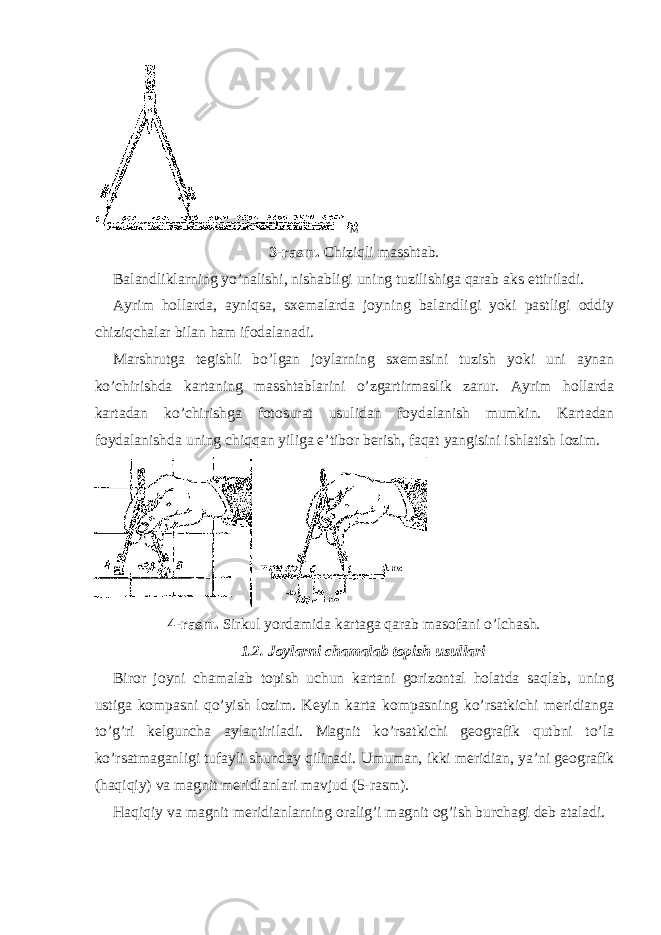 3-rasm. Chiziqli masshtab. Balandliklarning yo’nalishi, nishabligi uning tuzilishiga qarab aks ettiriladi. Ayrim hollarda, ayniqsa, sxemalarda joyning balandligi yoki pastligi oddiy chiziqchalar bilan ham ifodalanadi. Marshrutga tegishli bo’lgan joylarning sxemasini tuzish yoki uni aynan ko’chirishda kartaning masshtablarini o’zgartirmaslik zarur. Ayrim hollarda kartadan ko’chirishga fotosurat usulidan foydalanish mumkin. Kartadan foydalanishda uning chiqqan yiliga e’tibor berish, faqat yangisini ishlatish lozim. 4-rasm. Sirkul yordamida kartaga qarab masofani o’lchash. 1.2. Joylarni chamalab topish usullari Biror joyni chamalab topish uchun kartani gorizontal holatda saqlab, uning ustiga kompasni qo’yish lozim. Keyin karta kompasning ko’rsatkichi meridianga to’g’ri kelguncha aylantiriladi. Magnit ko’rsatkichi geografik qutbni to’la ko’rsatmaganligi tufayli shunday qilinadi. Umuman, ikki meridian, ya’ni geografik (haqiqiy) va magnit meridianlari mavjud (5-rasm). Haqiqiy va magnit meridianlarning oralig’i magnit og’ish burchagi deb ataladi. M 