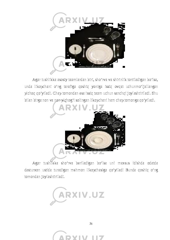  Agar tushlikka asosiy taomlardan biri, sho’rva va shirinlik tortiladigan bo’lsa, unda likopchani o’ng tarafiga qoshiq yoniga issiq ovqat uchunmo’ljallangan pichoq qo’yiladi. Chap tomondan esa issiq taom uchun sanchqi joylashtiriladi. Shu bilan birga non va non pichog’i solingan likopchani ham chap tomonga qo’yiladi. Agar tushlikka sho’rva beriladigan bo’lsa uni maxsus idishda odatda dasturxon ustida turadigan mehmon likopchasiga qo’yiladi Bunda qoshiq o’ng tomondan joylashtiriladi. 25 