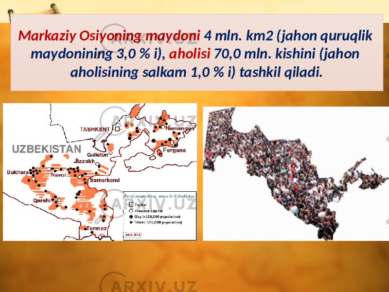 Markaziy Osiyoning maydoni 4 mln. km2 (jahon quruqlik maydonining 3,0 % i), aholisi 70,0 mln. kishini (jahon aholisining salkam 1,0 % i) tashkil qiladi. 